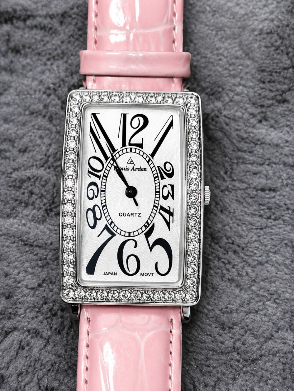 Louis Arden Pink Crystal Tank Watch Art Deco Y2K Rhinestone Croc Strap CC